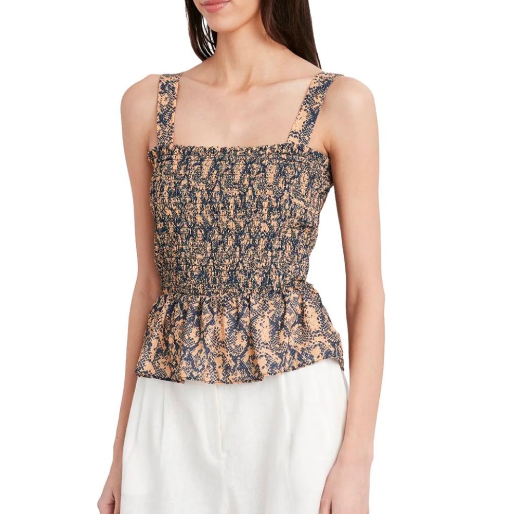 NWT BCBG MAX AZRIA Smocked snake print ruffled peplum top XS